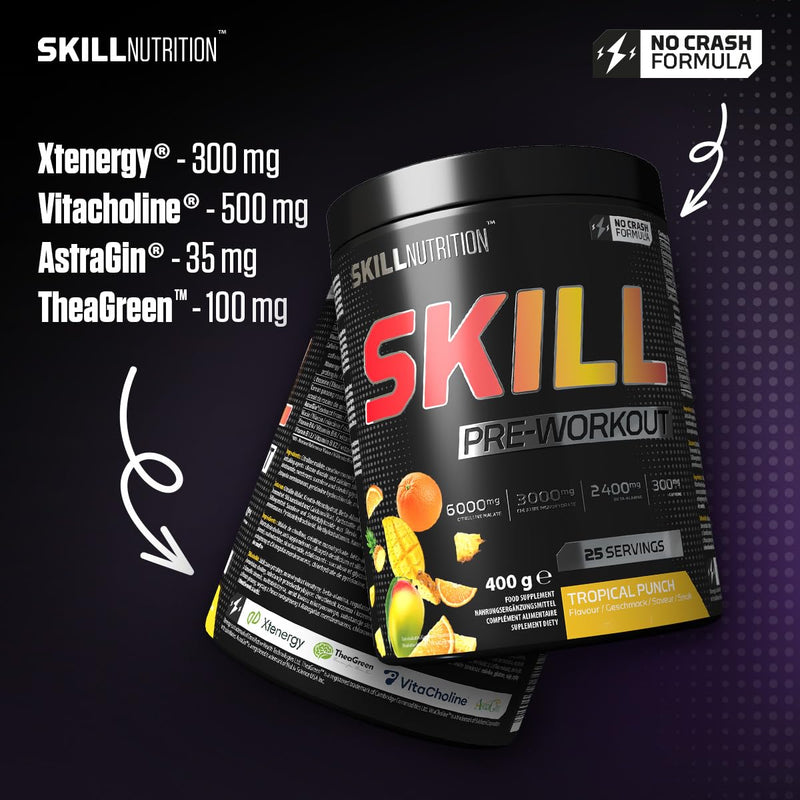 Skill Nutrition Pre-Workout Tropical Punch - No-Crash Formula with Extended-Release Caffeine | Xtenergy®, TheaGreen™, Vitacholine®, Astragin® | Vegan, Halal | B-Vitamins, Citrulline, Beta-Alanine