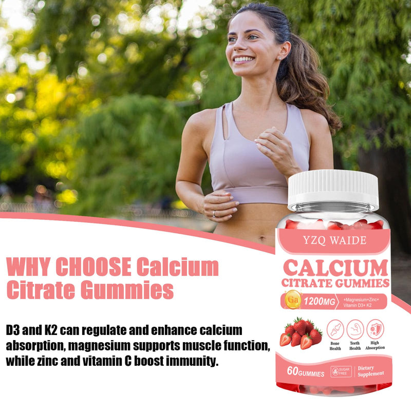 Calcium Citrate Gummies 1200mg with Vitamin D3 + K2, Magnesium, Zinc, Chewable Calcium Supplement for Women & Men, Bone Healthy, Sugar Free, Non-GMO, Gluten Free, Strawberry Flavor 60 Count