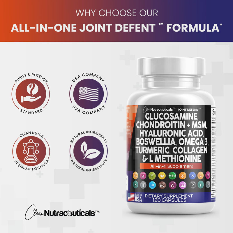 [Australia] - Clean Nutraceuticals Glucosamine Chondroitin MSM Turmeric Hyaluronic Acid Boswellia Collagen Tart Cherry - Joint Support Supplement Omega 3 Pills Ginger Quercetin Capsules - 120 Count USA 
