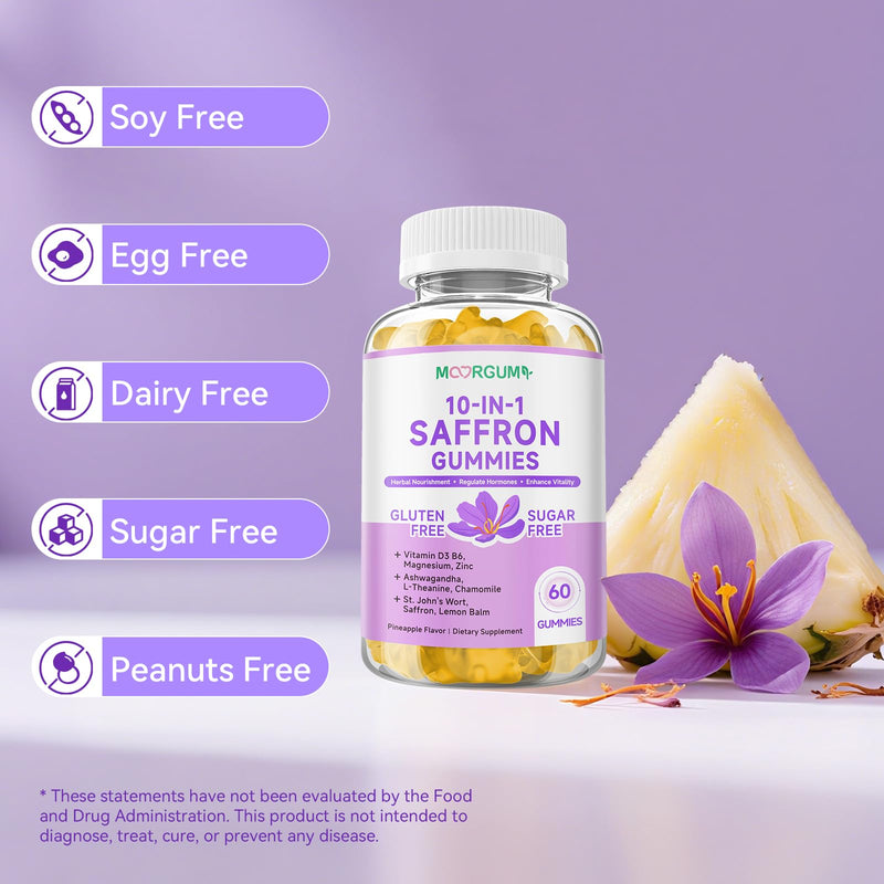 Saffron Gummies for Adult Kids, 10-IN-1 Cortisol Support Supplement with Saffron 88.5mg, Vitamin D3, B6, Magnesium, Zinc, Ashwagandha, L-Theanine, St. John's Wort, For Emotions, Slumber, 60 Count 60 Count (Pack of 1)