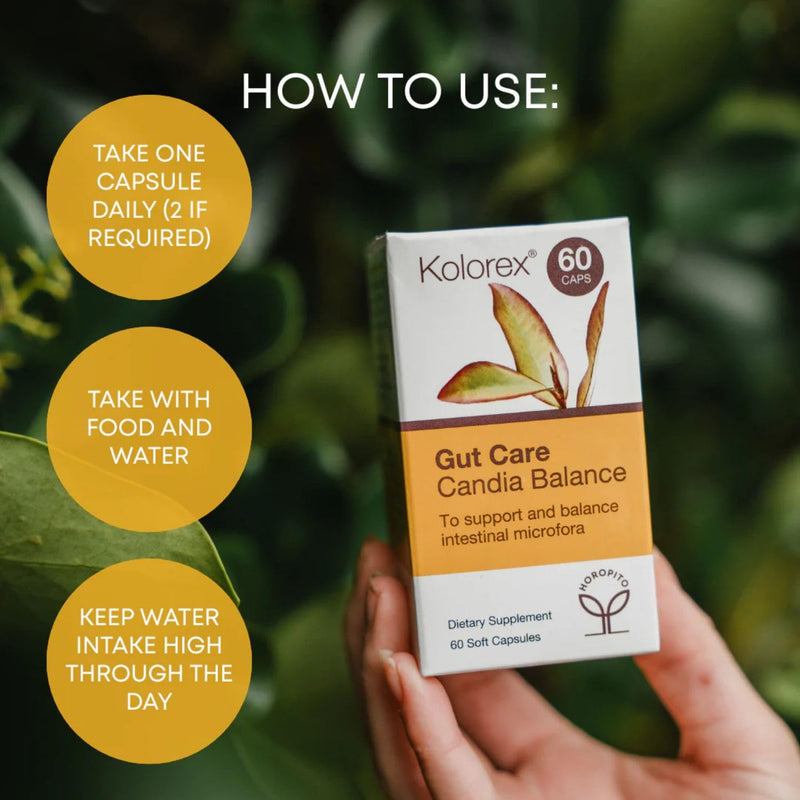 Kolorex Gut Care Candida Balance – Natural Herbal Digestive Support – Potent Active Horopito Extract – Vegan Friendly – 60 Soft Capsules