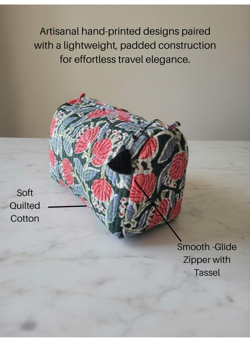 Saarva Global Travel Toiletry Pouch Set, Forest Green Floral, Cotton, Floral Pattern, Zipper, 9x4x7 Inches, 0.5 Pounds, Reusable