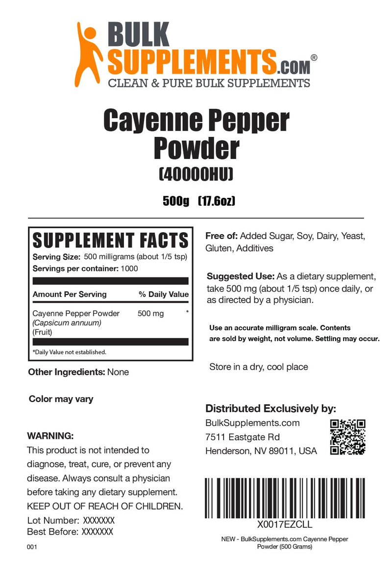 BulkSupplements.com Cayenne Pepper 40000 HU Powder - Capsaicin Supplements, Cayenne Pepper Supplements, Cayenne Pepper Powder - Capsicum Powder, Gluten Free, 500mg per Serving, 500g (1.1 lbs) 1.1 Pound (Pack of 1)