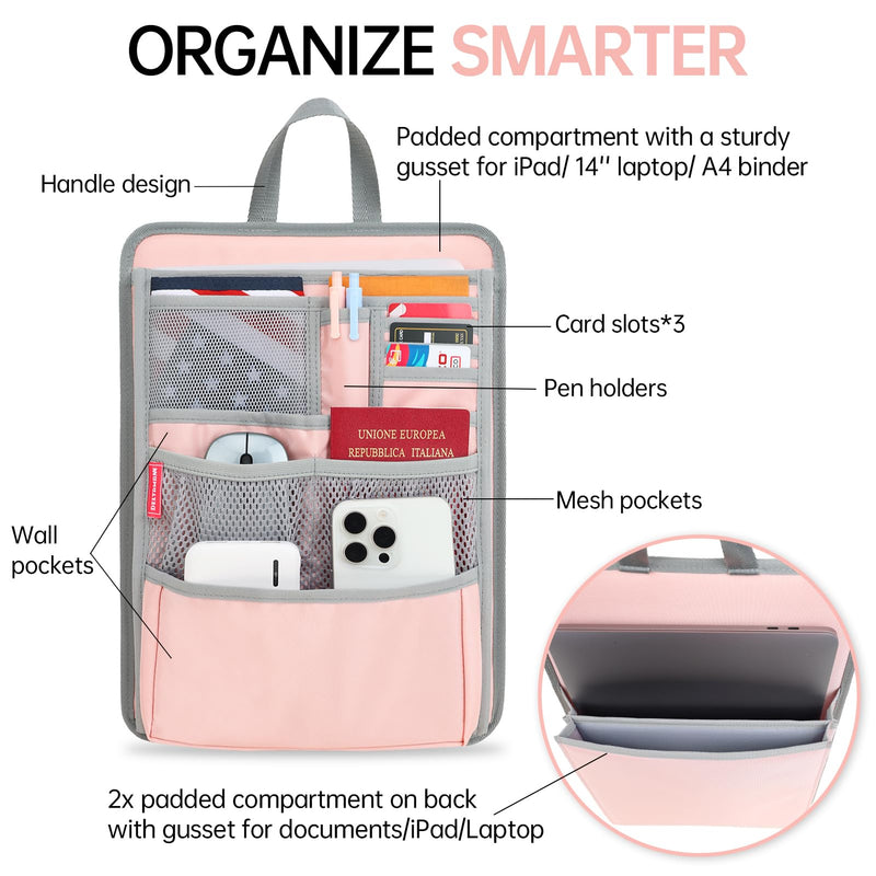 Slim Rugged Backpack Organizer Insert for Business Casual Men Women -13 Pockets,Padded Nylon,Max 14'' laptop- Pink