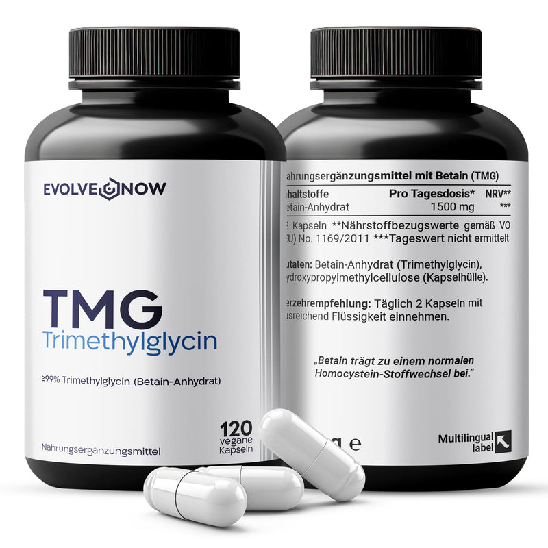 Evolve Now TMG Betaine – Trimethylglycine – 120 Vegan Capsules – 750 mg per Capsule – High-dose – Lab-Tested & No additives