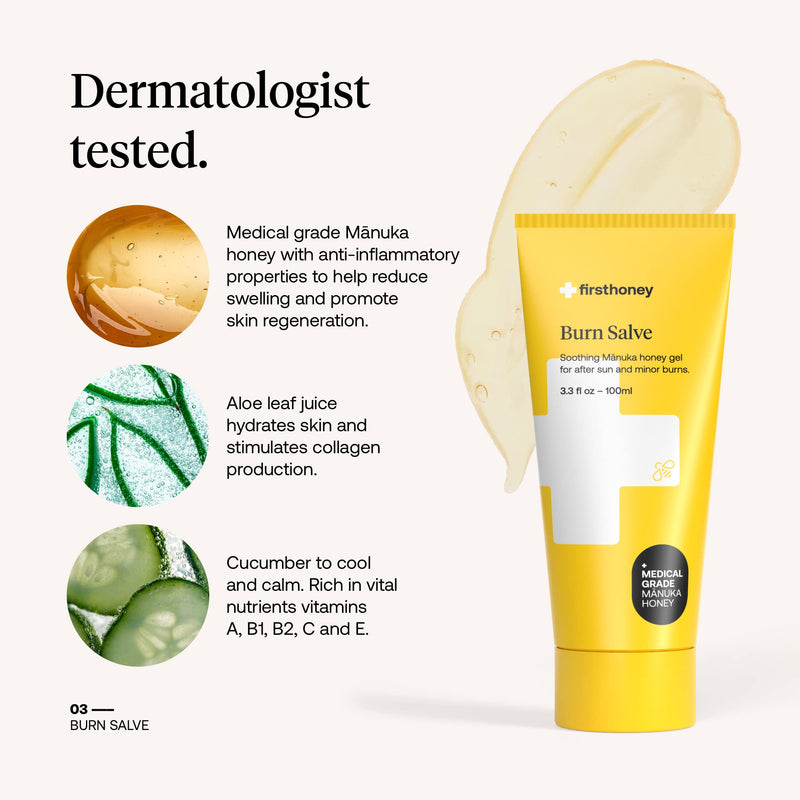 [Australia] - FIRST HONEY® Burn Salve | Aloe Vera Burn Gel With Medical Grade Manuka Honey | Natural Remedy For Sunburn & Minor Burns | Fortified with Allantoin & Vitamin E | 3.3 fl oz (100mL) 