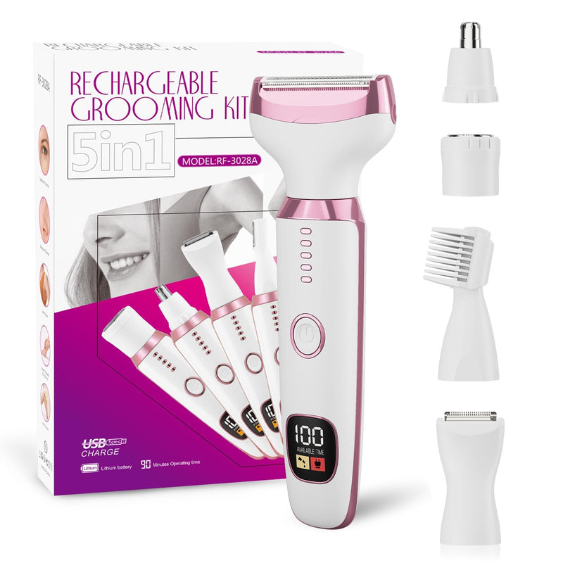 [Australia] - RUIM Bikini Trimmer for Women, 5 in 1 Electric Razors for Shaving, Waterproof Rechargeable Pubic Hair Trimmer with LED Display, Pink 