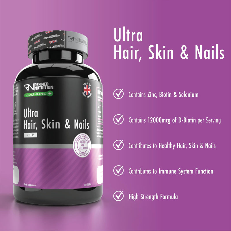 Refined Nutrition Ultra Biotin Tablets 12,000mcg – High Strength Hair Skin and Nails Supplement with Zinc & Selenium – 180 Vegan Tablets (90 Day Supply) – Made in the UK – Halal Certified