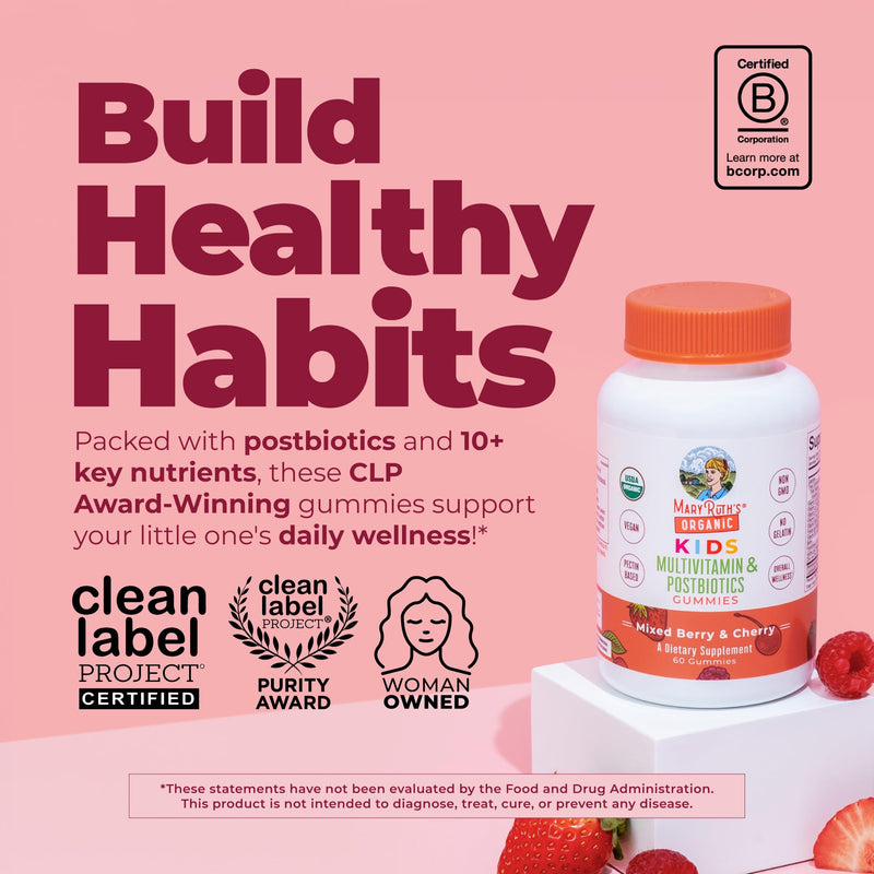 MARYRUTH'S USDA Organic Kids Multivitamin + Postbiotics Gummies, 60 Count | USDA Organic, Lactobacillus Rhamnosus, Vegan, Non-GMO, 60 Count