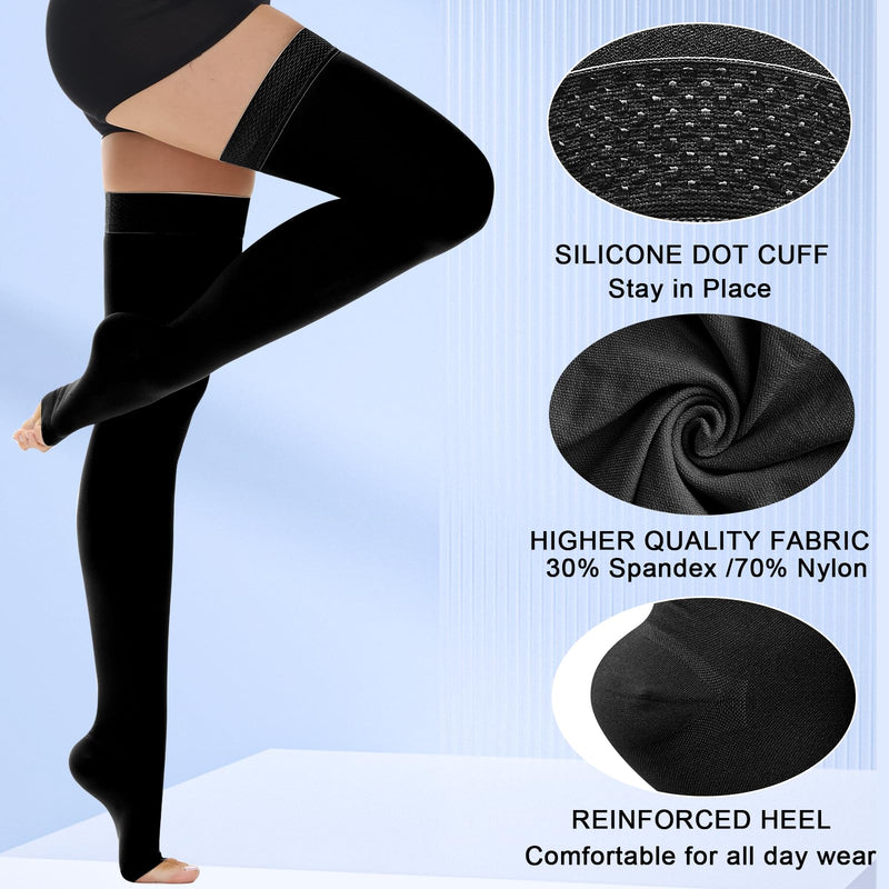 [Australia] - Ailaka Class 2 Medical Compression Stockings for Women and Men Open Toe Thigh High Graduated Compression with Silicone Band for Varicose Veins Edema Post Surgery X-Large (1 Pair) Black 