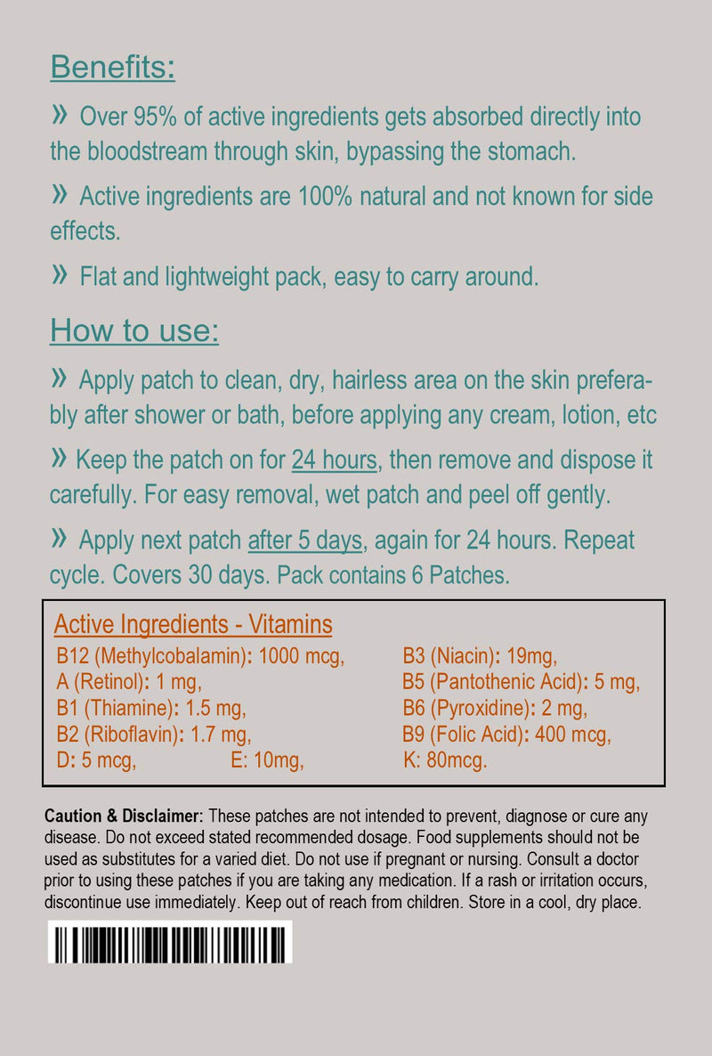 Vitamin B12-1000mcg Plus Additional Vitamins - Transdermal Patches. 100% Natural Ingredients. Vegetarian & Vegan Friendly. Made in USA. 30 Days Supply. 6 Patches.