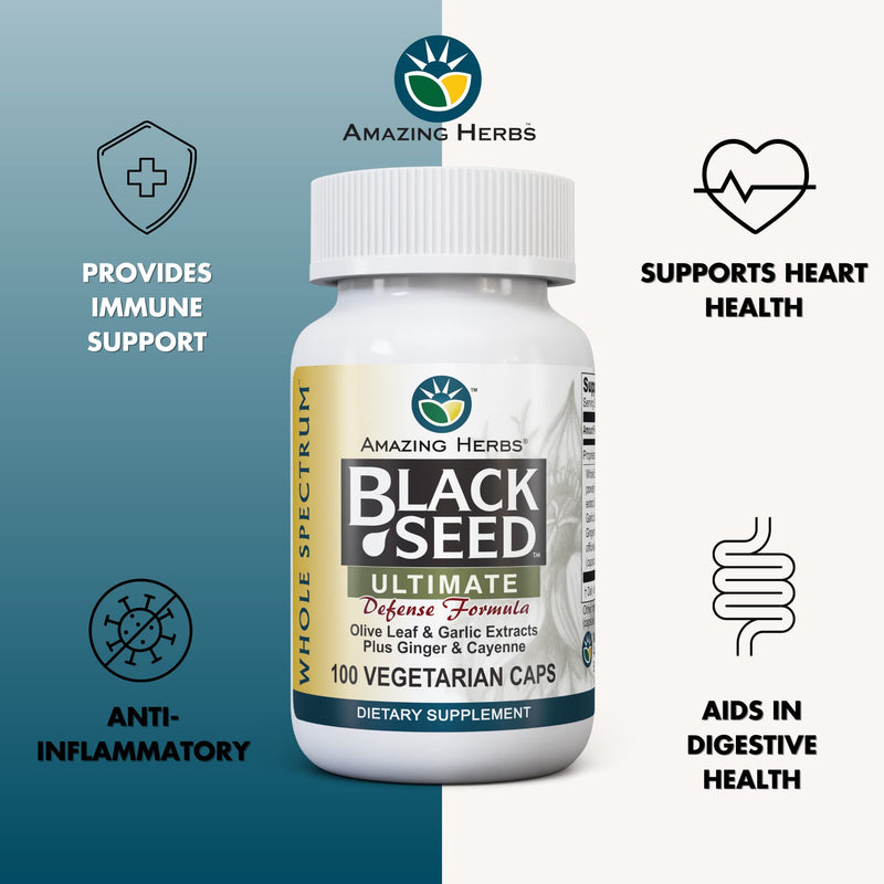 [Australia] - Amazing Herbs Whole Spectrum Black Seed Ultimate, Vegetarian Capsules - Olive Leaf & Garlic Extracts Plus Ginger & Cayenne, Gluten Free, Non GMO, Vegan - 100 Count 