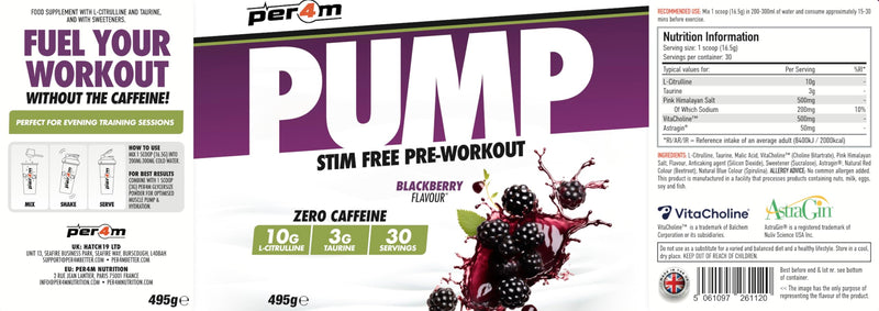 Per4m Pump Stim Free Pre Workout & Glycersize™ Powder | 10g L-Citrulline, 3g Taurine & 3000mg Glycersize for Pump, Hydration & Muscle Fullness | 30 Servings, 495g + 90g (585g, BlackBerry) 585g
