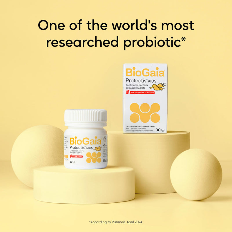 BioGaia Protectis Kids Tablets | 30 Chewable Probiotic Supplements with 100 Million Live L. Reuteri | Gut Health and Comfort | Digestive System Support for Children - Strawberry Flavour 30 count (Pack of 1)