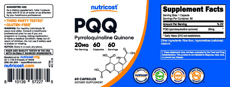 [Australia] - Nutricost PQQ (Pyrroloquinoline Quinone) 20mg, 60 Capsules - Vegetarian Capsules, Non-GMO, Gluten Free 60 Count (Pack of 1) 
