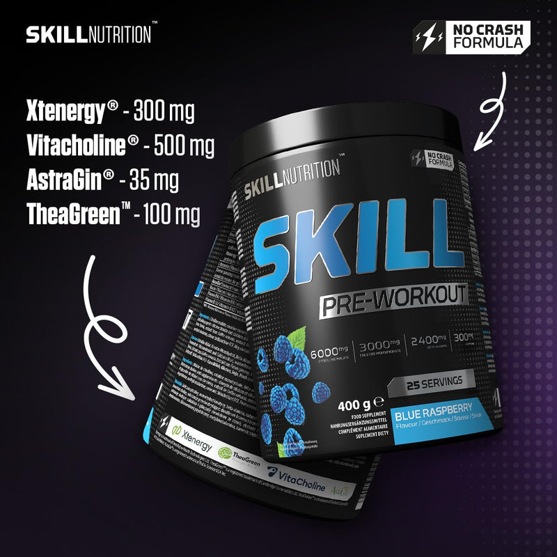 Skill Nutrition Pre-Workout Blue Raspberry - No-Crash Formula with Extended-Release Caffeine | Xtenergy®, TheaGreen™, Vitacholine®, Astragin® | Vegan, Halal | B-Vitamins, Citrulline, Beta-Alanine