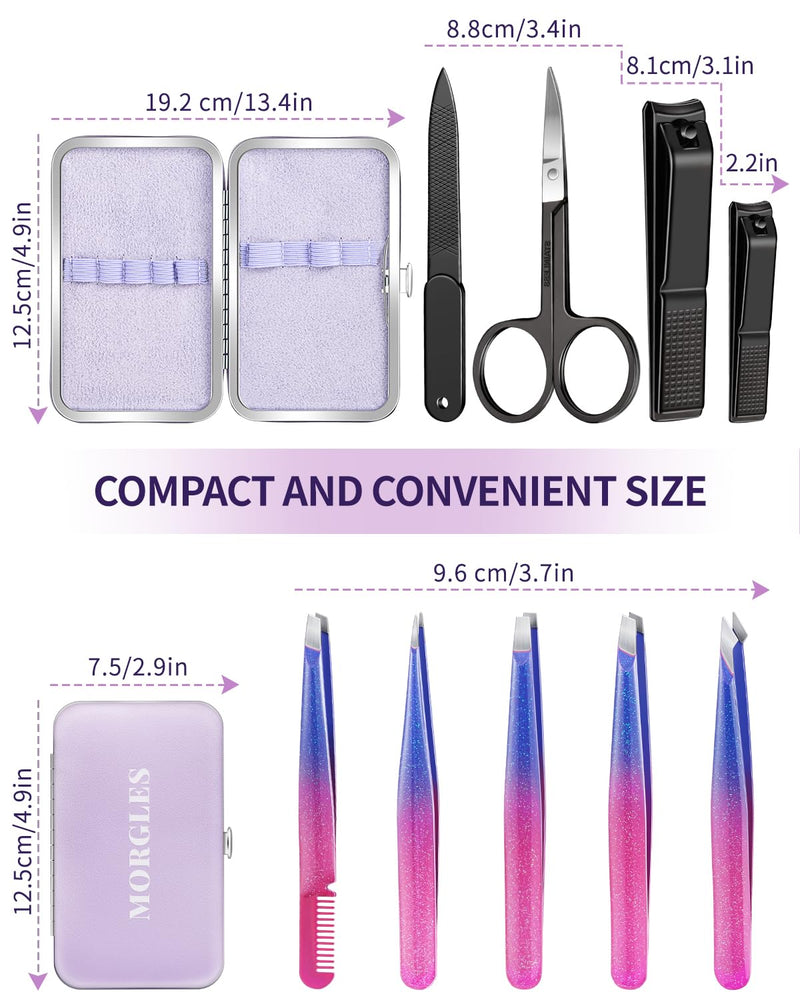 MORGLES Eyebrow Tweezers for Women and Nail Clipper Set with Travel Case Precision Tweezers for Facial & Ingrown Hair Removal with Scissors D-purple