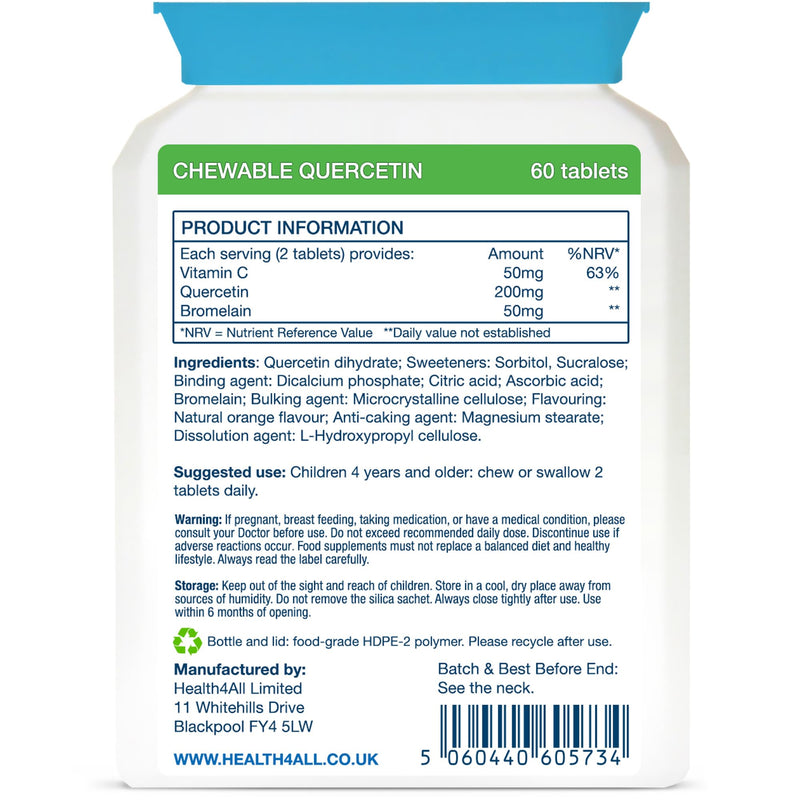 Health4All Kids Quercetin with Bromelain and Vitamin C, 60 Chewable Tablets, Vegan Natural Antihistamine Supplement, Inflammation Support, Sugar-Free Orange Flavour | Made in UK 60 count (Pack of 1)