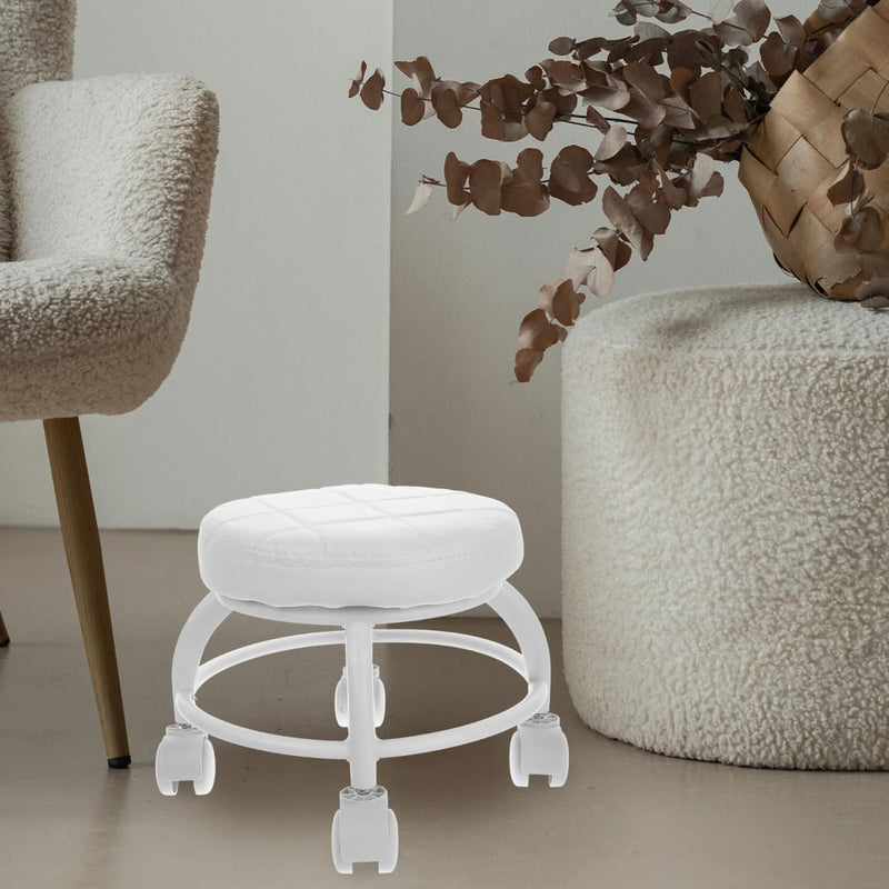 [Australia] - Low Rolling Stool with Wheels PU Leather Low Stool Modern Round Roller Seat for Manicure, Mechanic,Home Office White 