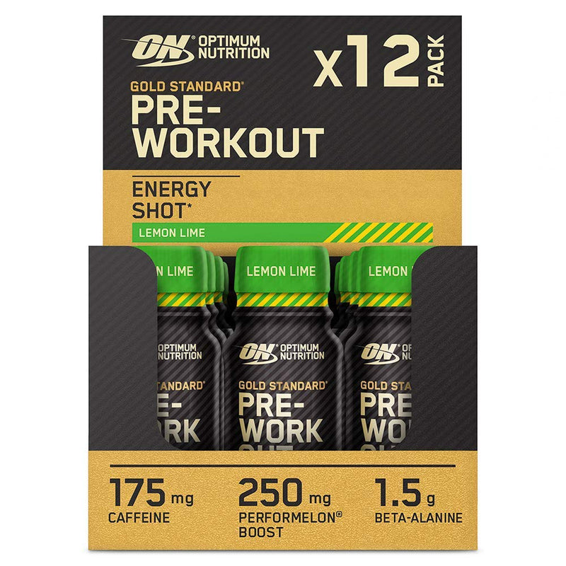 [Australia] - Optimum Nutrition Gold Standard Pre-Workout Energy Shot, Ready to Drink with Beta Alanine, Caffeine, PerforMelon Boost and Vitamins B6 and B12, Lemon Lime Flavor, Pack of 12, 12 x 60 ml 
