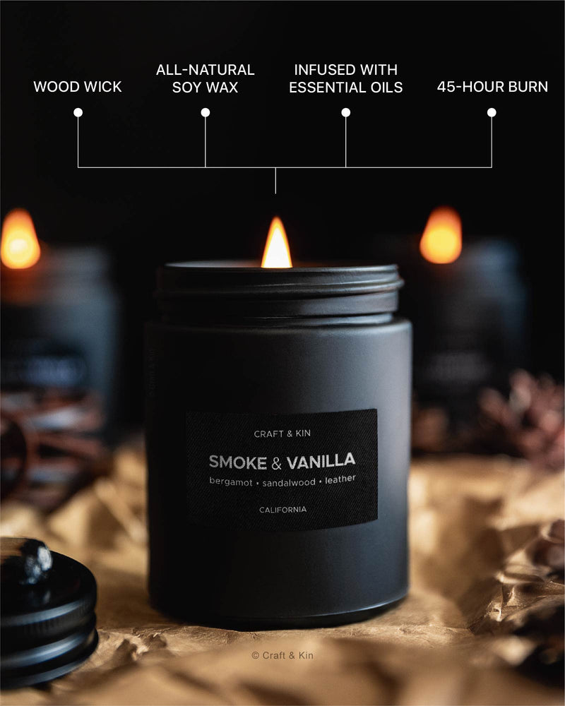 [Australia] - Craft & Kin Smoke & Vanilla Candle | Scented Candles for Men | Masculine Candle | Soy Candle | Scented Candle for Home Scented | Black Candles | Long Lasting Candles with 45 Hour Burn Time 7.6oz Black Jar - 7.6oz 
