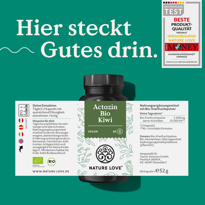 [Australia] - NATURE LOVE® organic kiwi intestinal treatment - 60 capsules - 25,000 AU actinidain per daily dose - ACTAZIN® kiwi powder in raw food quality - certified organic, vegan, without unnecessary additives and laboratory tested 