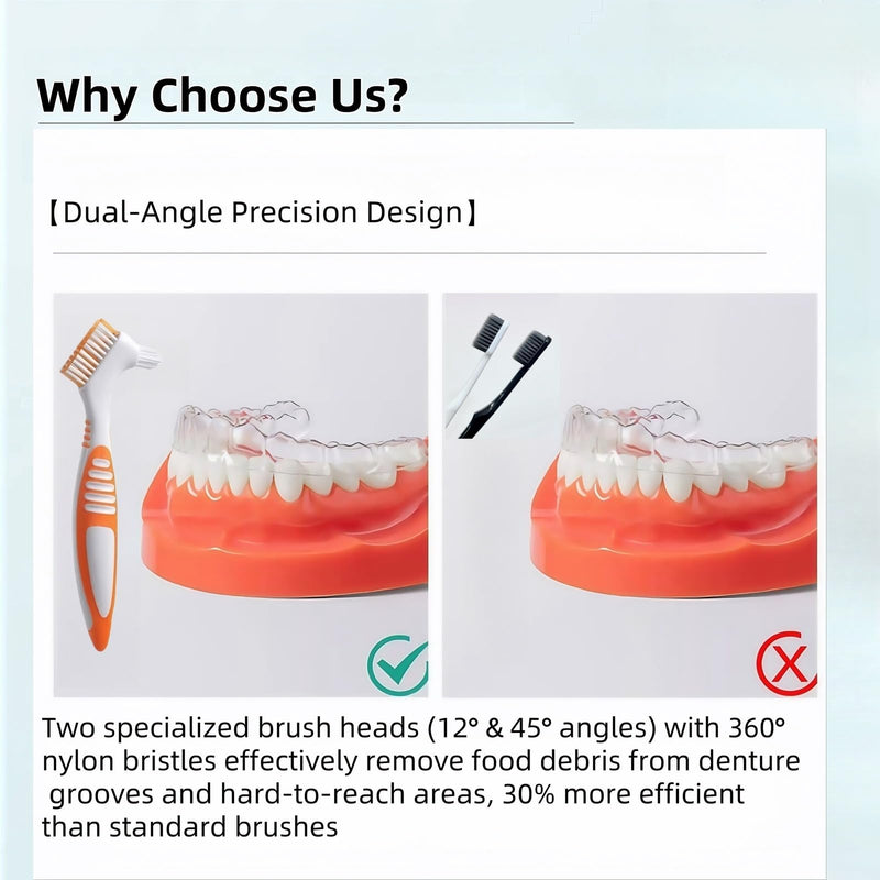 [Australia] - Denture Cleaning Brushes 2-Pack with Dual-Angle Heads - Soft Nylon Bristles & Ergonomic Grip, Travel Brush Kit for Seniors (Orange/Blue) | Denture Care Essentials, Heartwarming Gift for Elderly Orange/Blue 