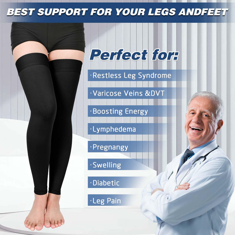 [Australia] - Compression Stockings for Women & Men, 2 Pairs 15-20mmHg Thigh High Compression Socks for Varicose Veins, Swelling, Pregnant XX-Large Footless/Black*Beige/2 Pair 