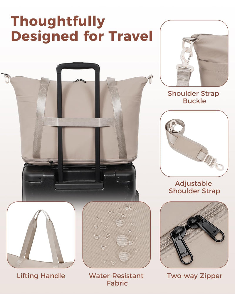 WANDF Foldable Expandable Personal Item Travel Bag for Women Carry On | 18x14x8 inches, Frontier Airline Underseat Fit, Weekend Getaways Khaki