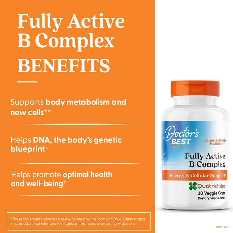 Doctor's Best Fully Active Vitamin B Complex Supplement for Men & Women - Super Complex with Methylated B12 & Folate, B6, Biotin, Pantothenic Acid, & More, Energy Support Caps - 30 Veggie Capsules 30 Count (Pack of 1)