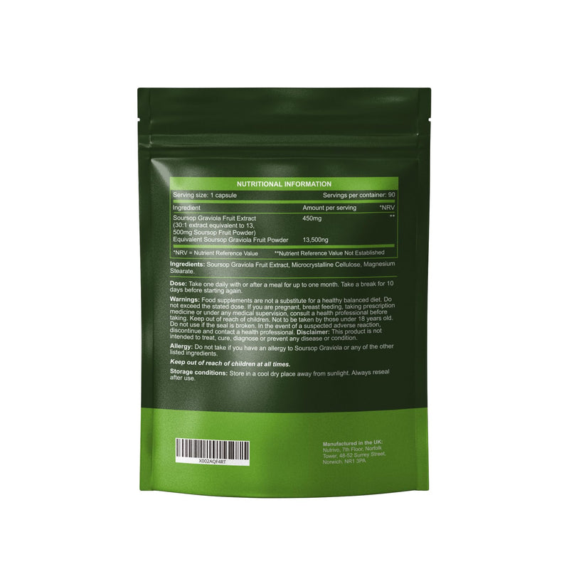 Soursop Graviola Capsules | 13,500mg Per Capsule | 90 Capsules Per Pouch - 3 Months Supply | One A Day | High Strength Soursop Supplement | Vegan & UK Made