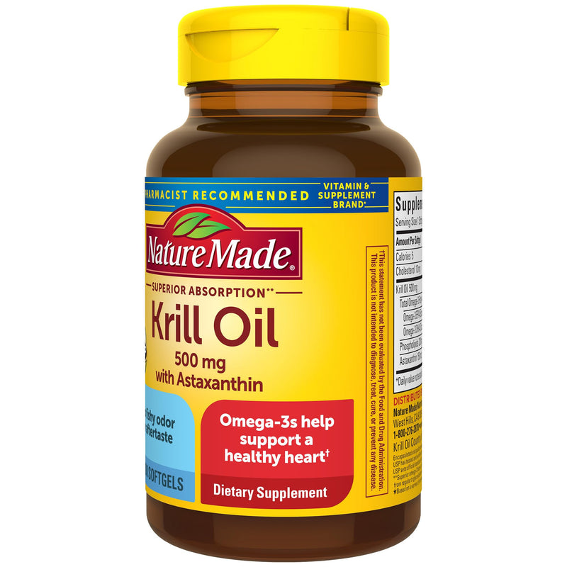 [Australia] - Nature Made Superior Absorption Krill Oil 500mg with Astaxanthin and Phospholipids, Omega 3s for Heart Health Support, 100 Softgels, 100 Day Supply 