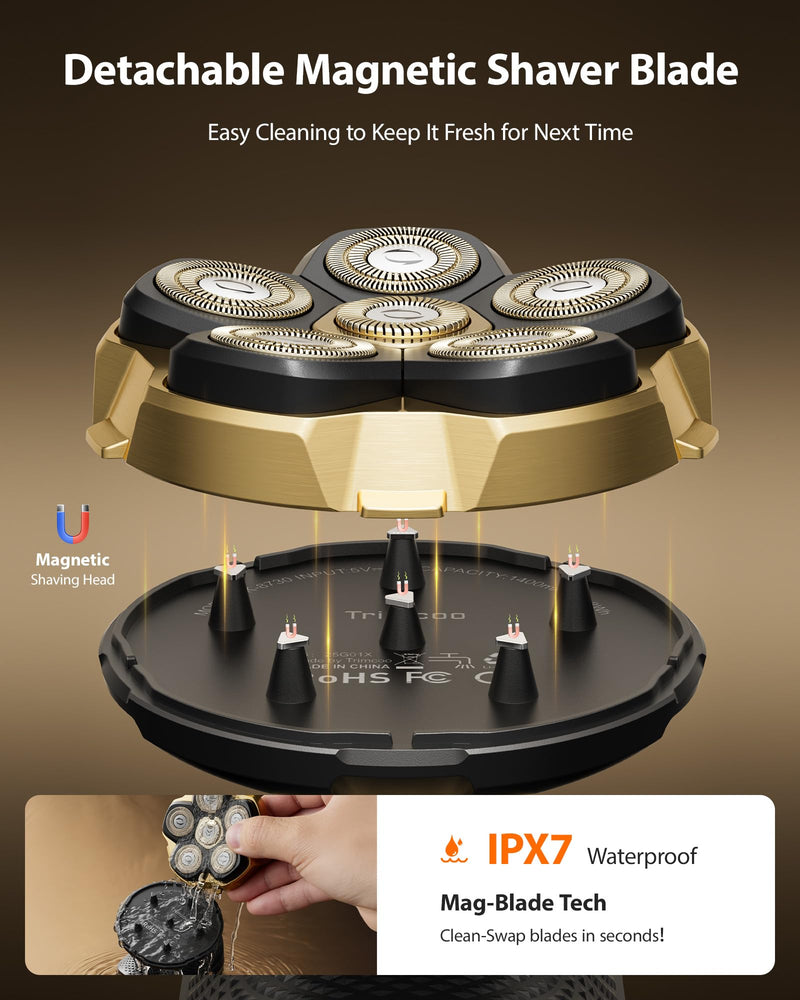 [Australia] - Head Shaver Pro for Bald Men [Titanium-Coated Blades] 5-in-1 Magnetic Electric Trimmer, Powerful 8500 RPM Motor, USB-C Fast Charge, LED Display, IPX7 Waterproof for Body Hair Grooming (Gold) 