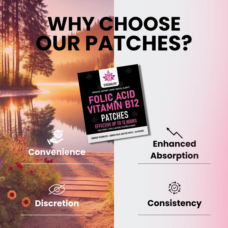 Folic Acid & Vitamin B12 Patches – High Absorption, 12-Hour Release – Supports Energy, Mood, & Immune Health – Easy-to-Use – 30 Patches – Natural Ingredients – Like - Capsules & Powder