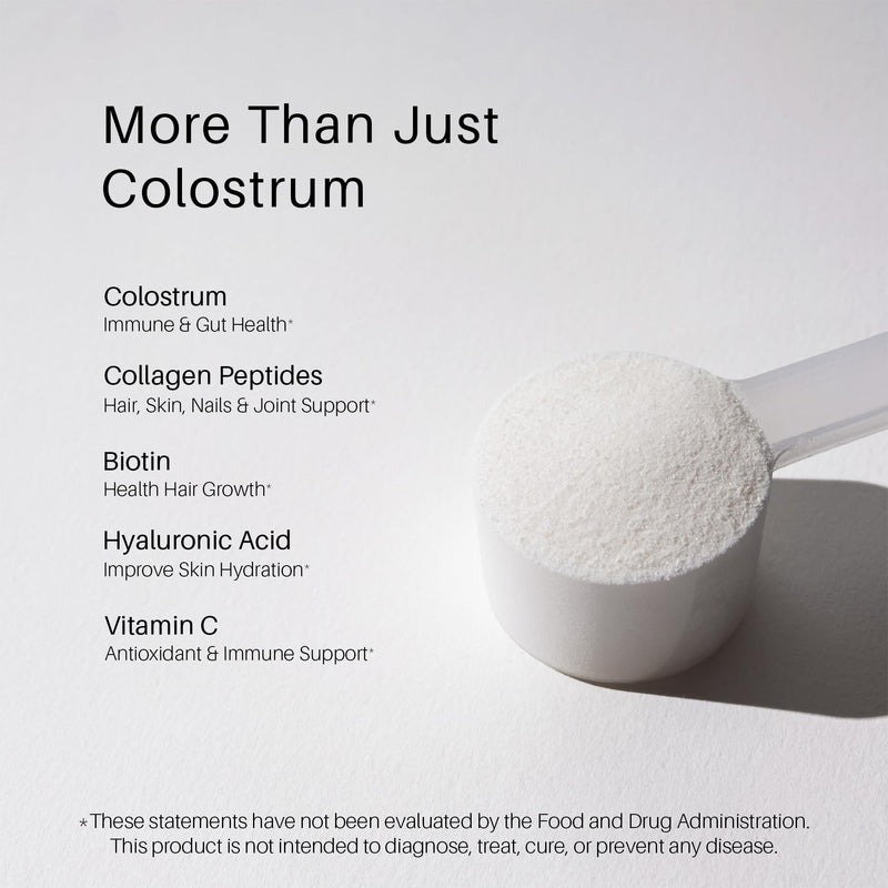 Bovine Colostrum Powder + Collagen Peptides | Hair, Skin, Nails, Immune & Gut Health Supplement | Hyaluronic Acid, Biotin, Vitamin C | Unflavored 30 Servings