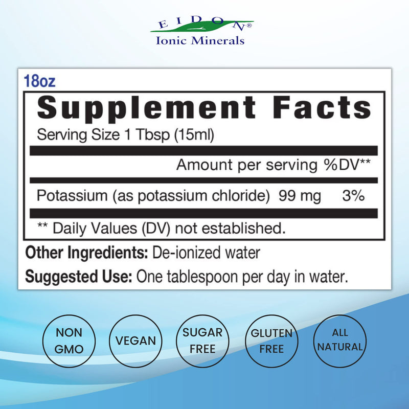 [Australia] - Eidon Ionic Minerals Liquid Potassium Supplement - Potassium Chloride Drops, Essential Electrolyte for Cell Function, Bioavailable Ionic Minerals, All Natural, No-Preservatives or Additives - 18 oz 18 Fl Oz (Pack of 1) 