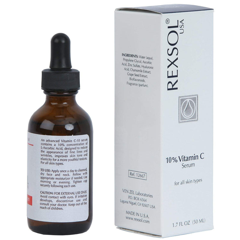 REXSOL 10% Vitamin C Serum Anti-wrinkle Firming | With Hyaluronic Acid, Chamomile Extract & Grape Seed Extract | Prevent photo-aging | Provides antioxidant protection. (50 ml / 1.7 fl oz)