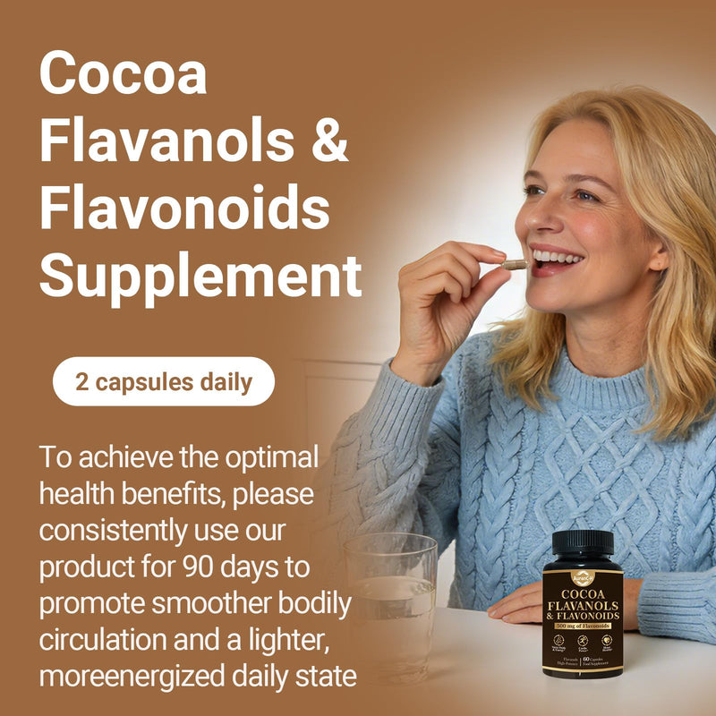 High Flavanol Cocoa Powder, Cocoa Cardio Health Supplement, 500mg Cocoa Flavanols, Support Heart Health, Boost Nitric Oxide, Blood Circulation, Energy, Vegan, Dark Chocolate, 60 Capsules