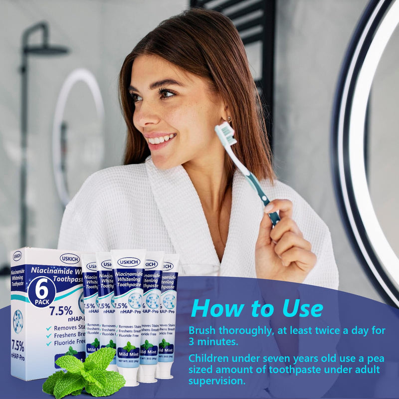 [Australia] - 7.5% Nano Hydroxyapatite Toothpaste,6 Pack Fresh Breath Whitening Toothpaste for Remineralizing Enamel & Sensitive Relief,Antiplaque,Natural Peppermint,Fluoride-Free 3 Ounce (Pack of 6) 