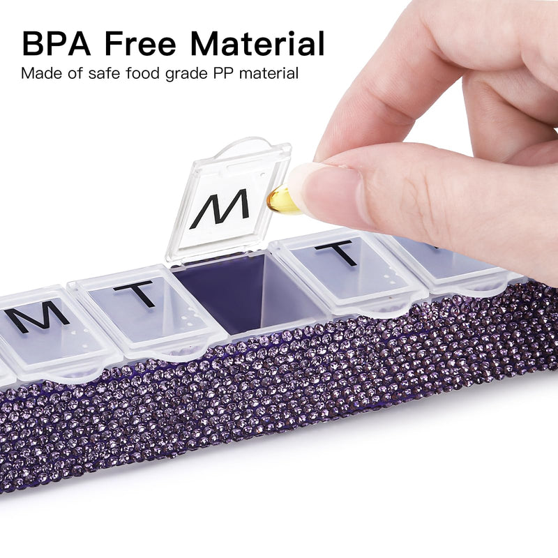 Soleebee Portable Weekly 7 Day Pill Organizer, Bling Crystal Pill Box Case, Travel Pill Planner, Pill Dispenser, Medicine Vitamin Container Organizer (Purple) Purple