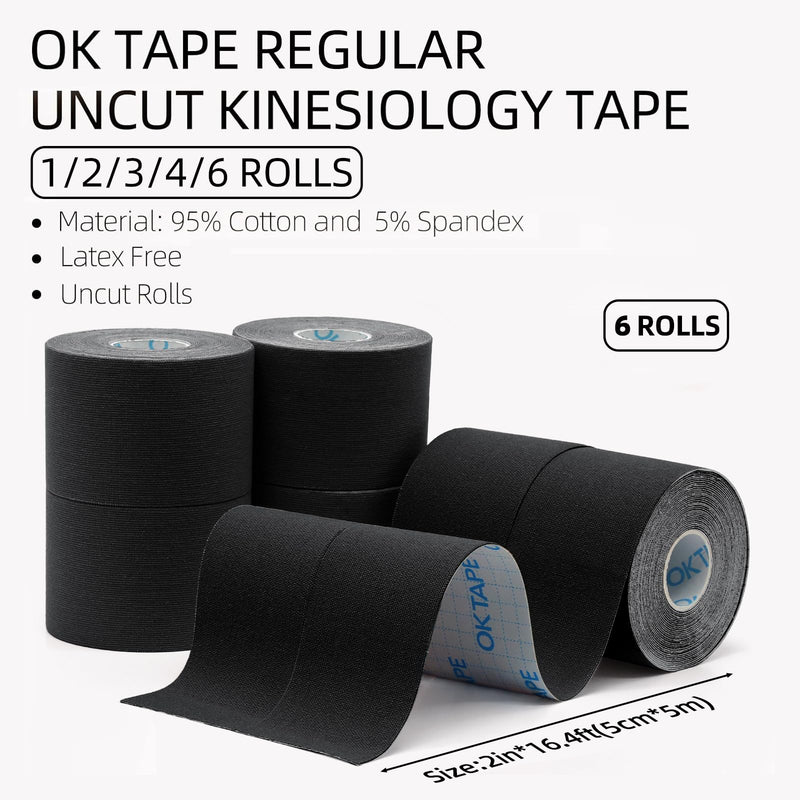 OK TAPE Kinesiology Tape Basic Original Cotton Elastic Athletic Tape for Support and Recovery, 5cmx5m,6 Rolls,Black 6 Roll Black