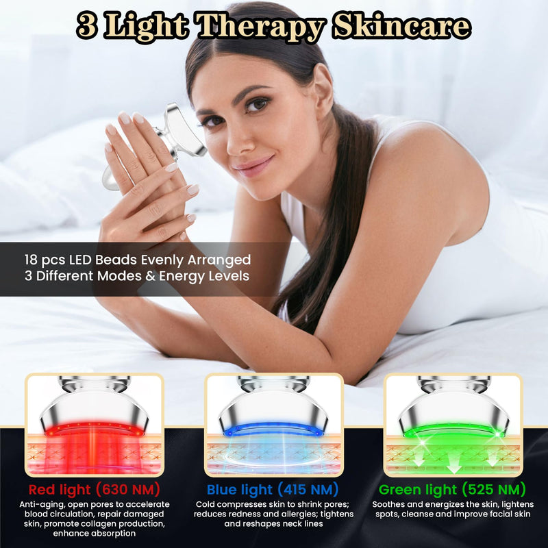 [Australia] - Red Light Beauty Device for Face and Neck, Based on High-end Red and Blue LED Light, Facial Cold and Hot, Vibration Technology, 3 Color Led Face and Neck Beauty Device for Home Use, Pearly White 