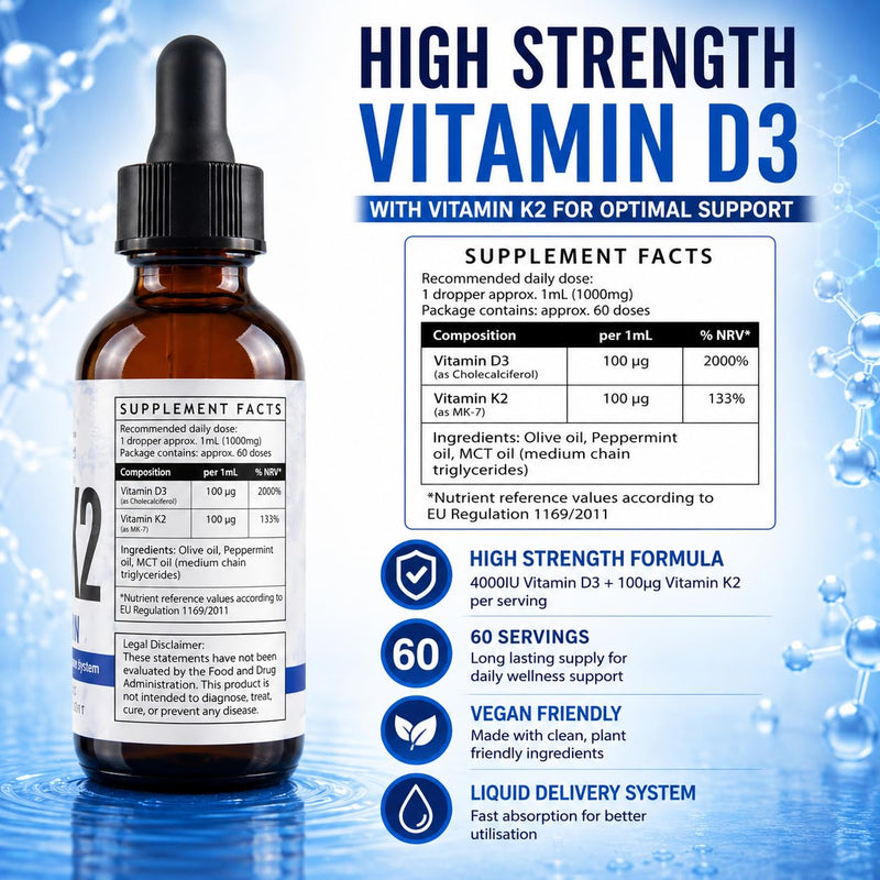 Nutroliq Vitamin D3 + K2 Liquid Drops - 4000IU Vit D3, 100mcg Vit K as MK7, MCT, Extra Virgin Olive Oil - For Immune & Bone Health, Better Energy, Calcium Absorption - Natural Peppermint Flavour, 60ml