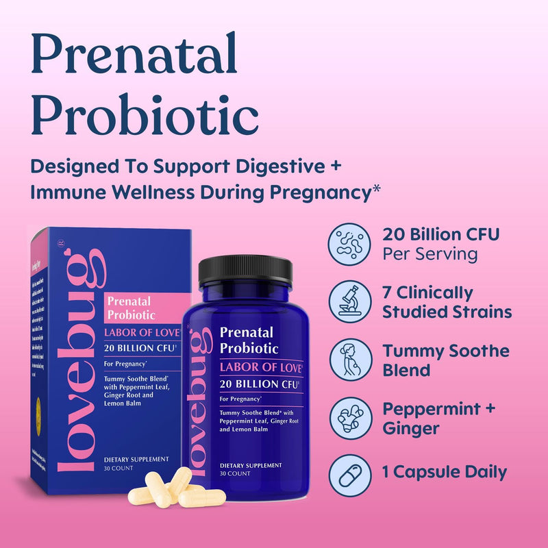 LOVEBUG Prenatal Probiotic | Helps with Morning Sickness, Nausea, Heartburn & Digestion | Helps Baby Microbiome | Multi Strain 20 Billion CFU | 30 Capsules 30 Count (Pack of 1)