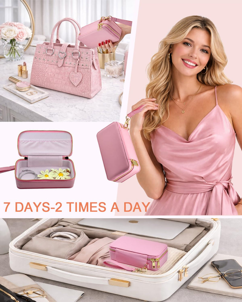 Pill Organizer 2 Times a Day for Travel, PU Leather Pill Case for Women, Portable 7 DayPill Box for Purse with Storage Bag to Hold Vitamins, Medications, Fish Oils, Supplements Light Pink
