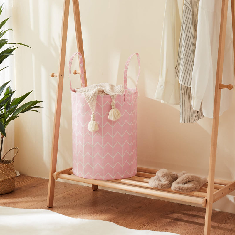 [Australia] - TECHMILLY Large Storage Basket for Girls and Boys, Collapsible Laundry Hamper with Long Handles, Toy Bins for Nursery, Kids Room Décor 1 Pack Pink Geometry 