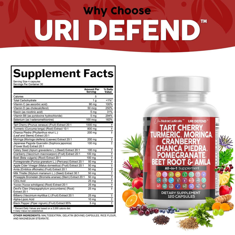 Clean Nutraceuticals Tart Cherry Extract Capsules with Turmeric Moringa Cranberry Chanca Piedra Celery Quercetin ACV Pomegranate L Selenomethionine - Uric Levels - 120 Ct 1