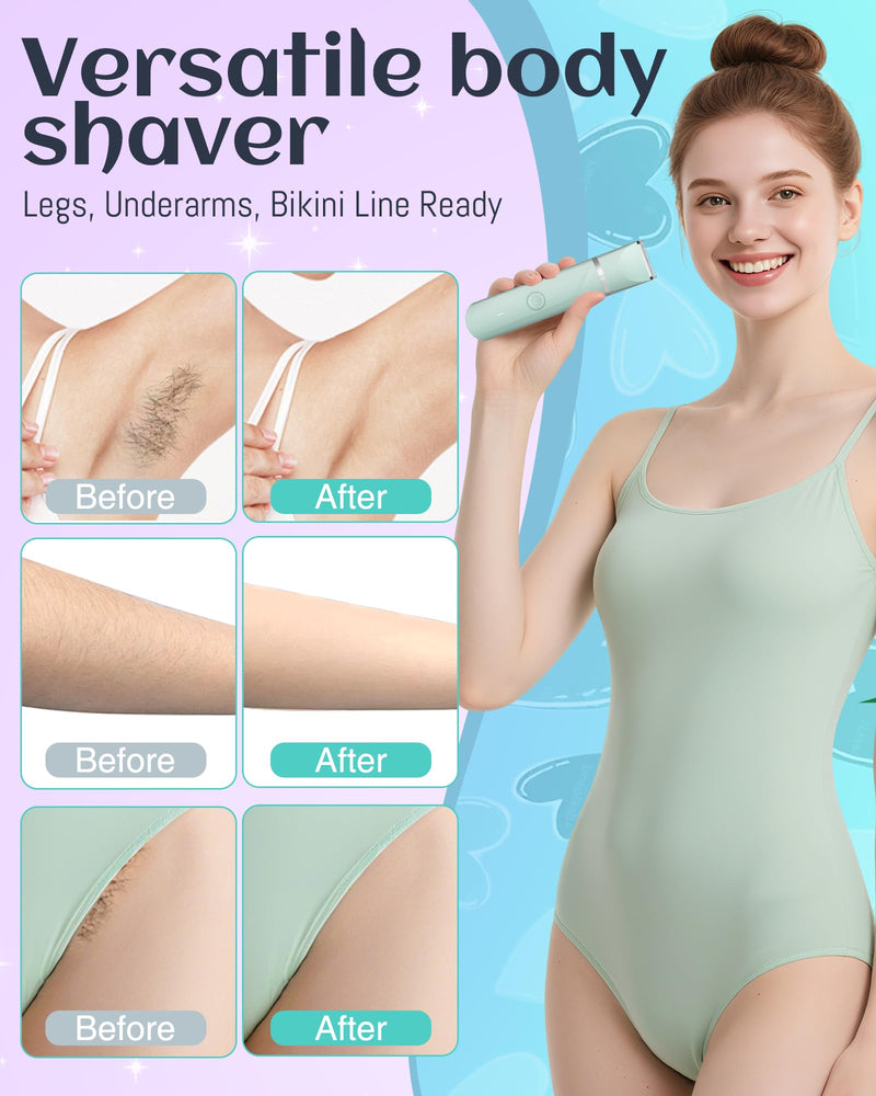 [Australia] - Waterproof Bikini Trimmer Women Electric Razor for Pubic Hair Women's Foil Shaver Rechargeable Shaver Removal with Snap-in Ceramic Blades IP7X Washable Head,Wet and Dry Use,Green Green 