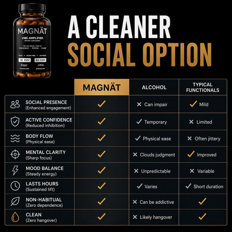 MAGNÄT Alcohol Alternative Nootropic Supplement for Mood, Focus & Relaxation – Social Performance Capsules, Caffeine Free, 12 Servings