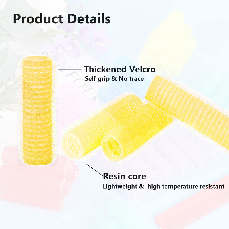 24PCS Self Grip Heatless Rollers Set - Pro Salon Hairdressing Tools for DIY Curly Hairstyles on Medium and Short Hair (0.8in, Yellow), with Rat Tail Comb